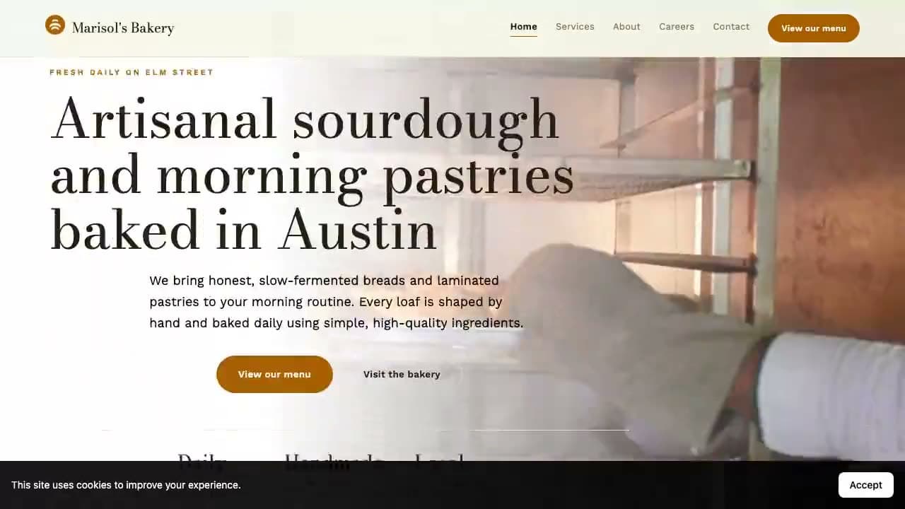 The home page of a site the AI Website Builder generated for a sample bakery, Marisol's Bakery.