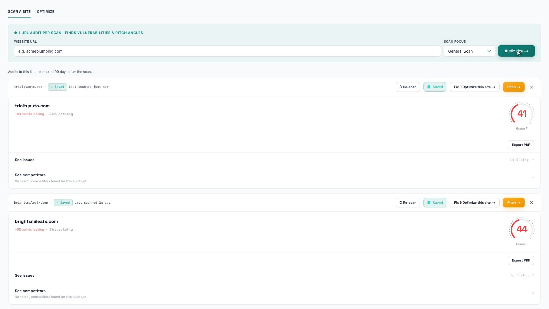 Saved audits in bizvoid: two sample sites scored 41 and 44, grade F, each with points leaking, failing issues, and Re-scan, Fix and Pitch buttons.