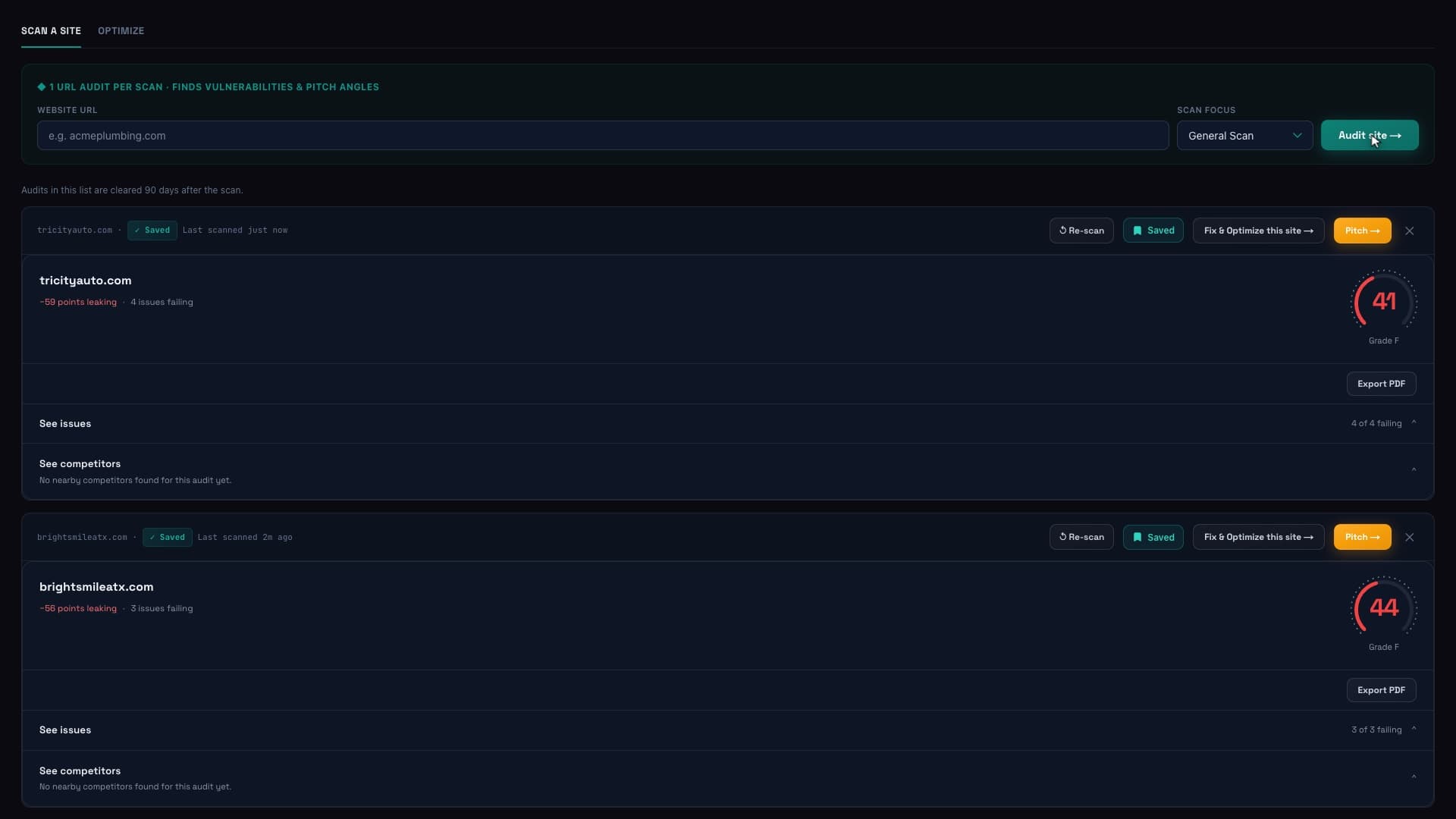 Saved audits in bizvoid: two sample sites scored 41 and 44, grade F, each with points leaking, failing issues, and Re-scan, Fix and Pitch buttons.
