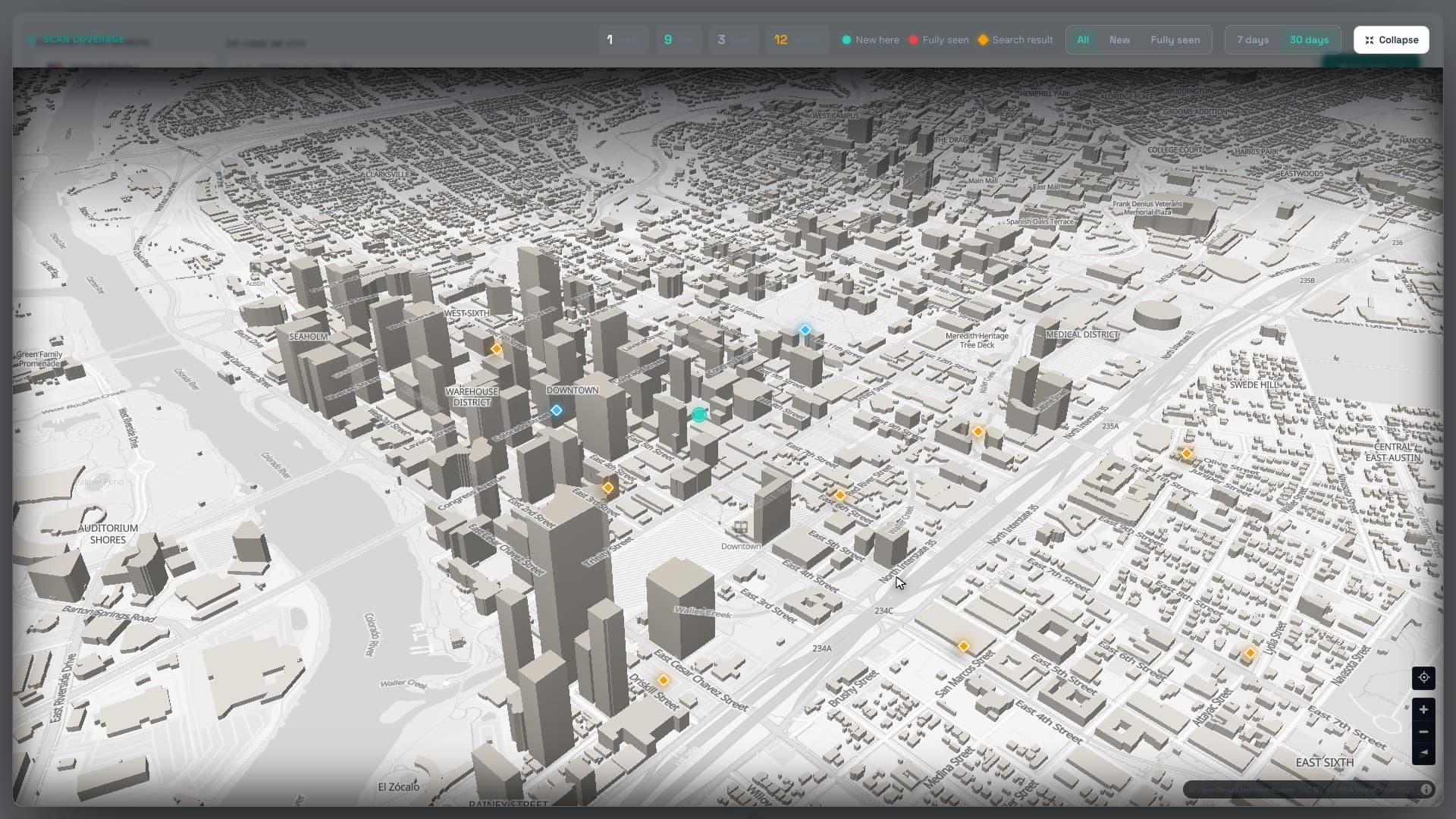 The scan coverage map in bizvoid: a 3D city with markers for the areas already scanned.