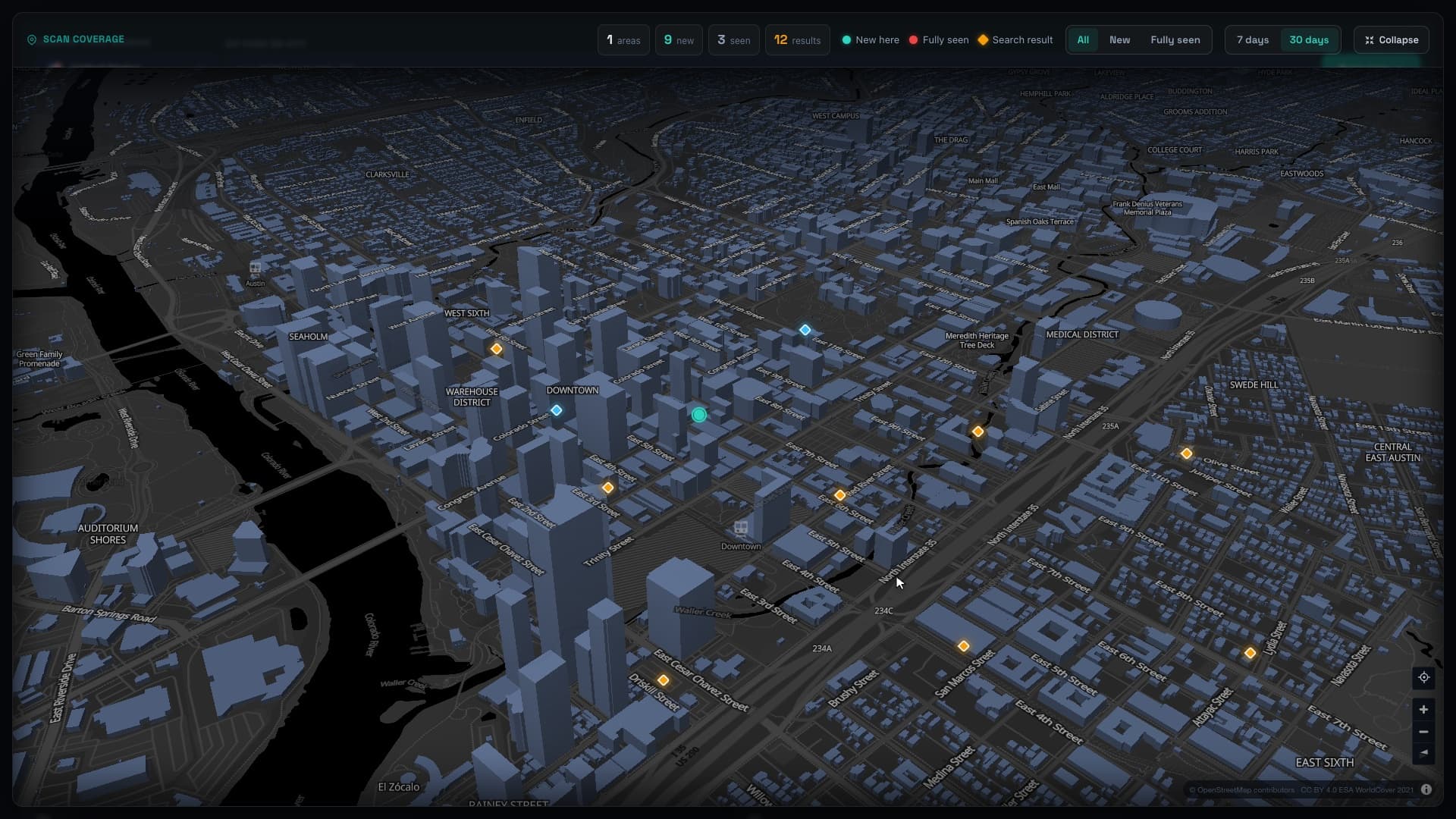 The scan coverage map in bizvoid: a 3D city with markers for the areas already scanned.