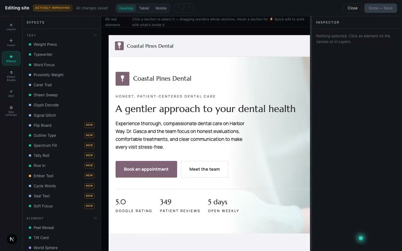 Edit Mode on a generated site for a sample dental practice: layers, insert, effects, SEO and site settings down the left, the page in the middle, and the inspector on the right.